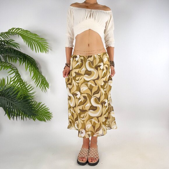 Vintage Y2K Beige Abstract Boho Hippie Low Rise Fairy Grunge Midi Skirt / 12 - Picture 3 of 5